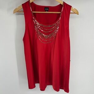 Rafaella Women Red Sleeveless Tank Top Sequins Necklace Detail Holiday Size L